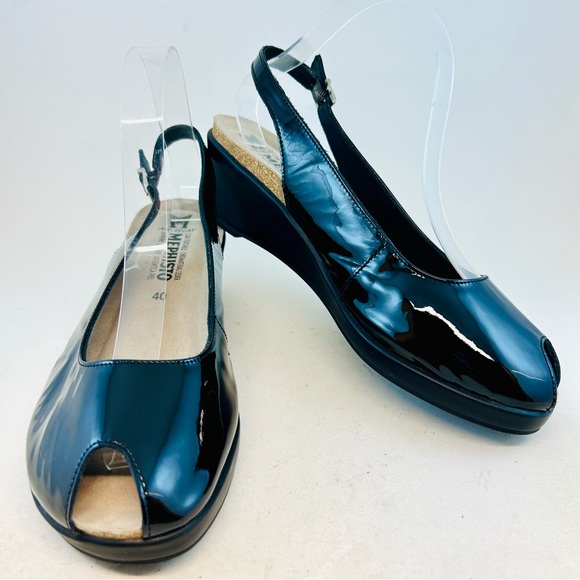 Mephisto Shoes - Mephisto Black Patent Leather Nastasia Peep Slingback Wedge Sandals sz 40 9-10